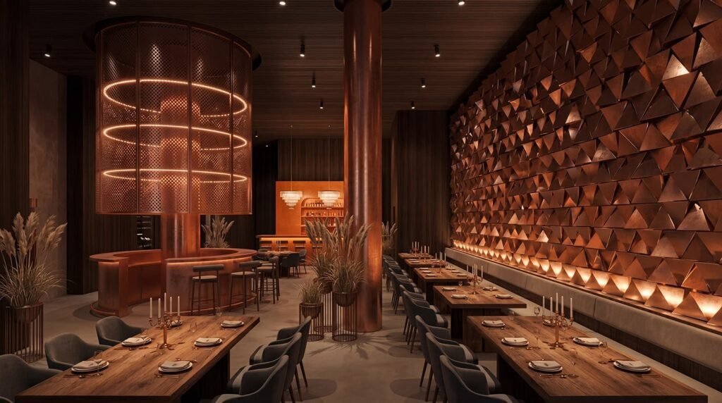Modern upscale restaurant interior with warm ambient lighting, textured feature wall, wood finishes, and intimate dining atmosphere