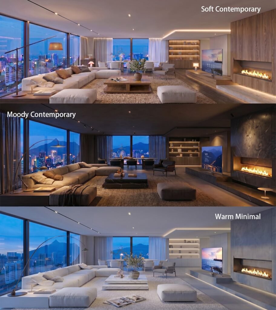 AI-driven interior design exploration featuring multiple contemporary living room styles with different lighting, materials, and moods.