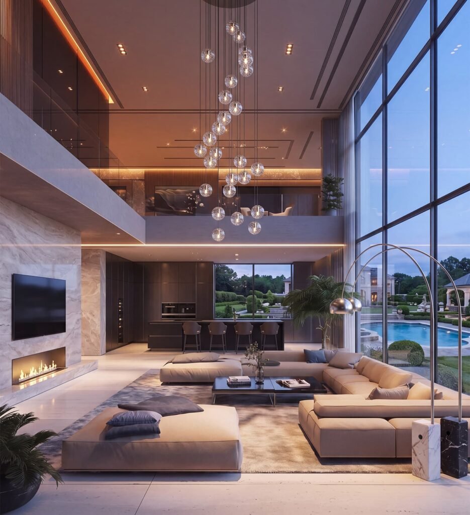 High-end modern double-height living room with floor-to-ceiling glass walls, sculptural chandelier, and luxury interior visualization