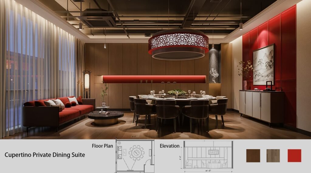 Private dining suite concept design in Cupertino with interior rendering, floor plan, elevation, and material palette