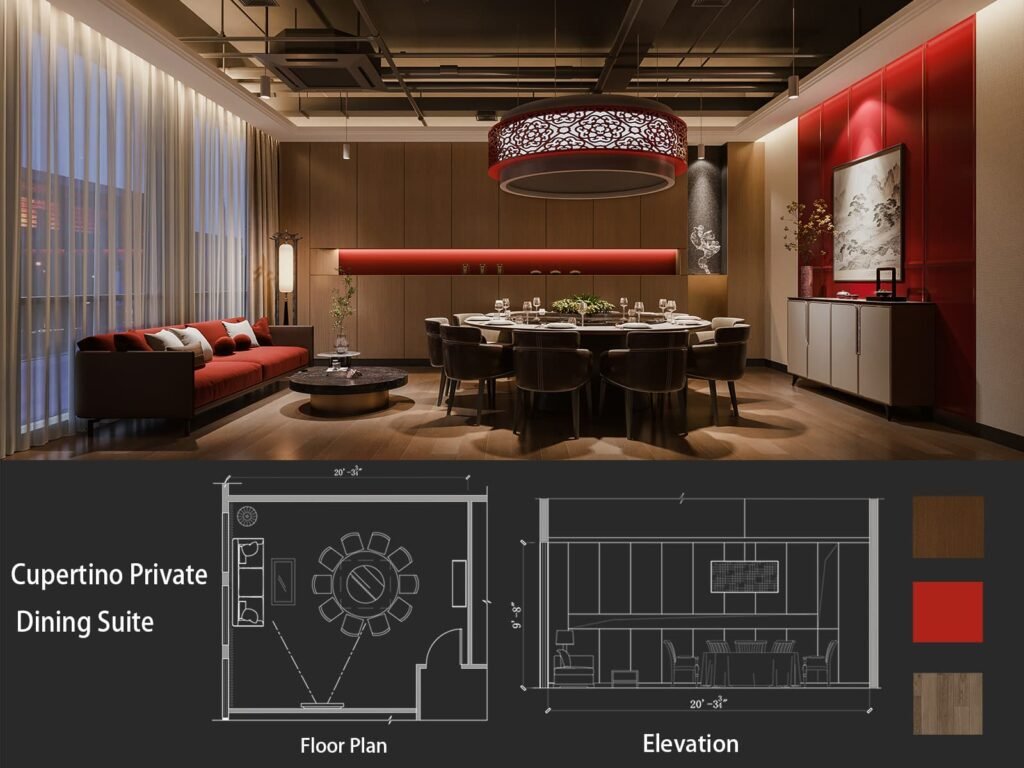 Private dining suite concept design in Cupertino with interior rendering, floor plan, elevation, and material palette
